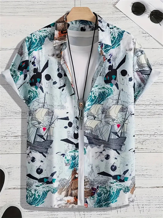 Summer Tide New Fashion Men's Short-sleeved Printed Shirt Cardigan Shirt