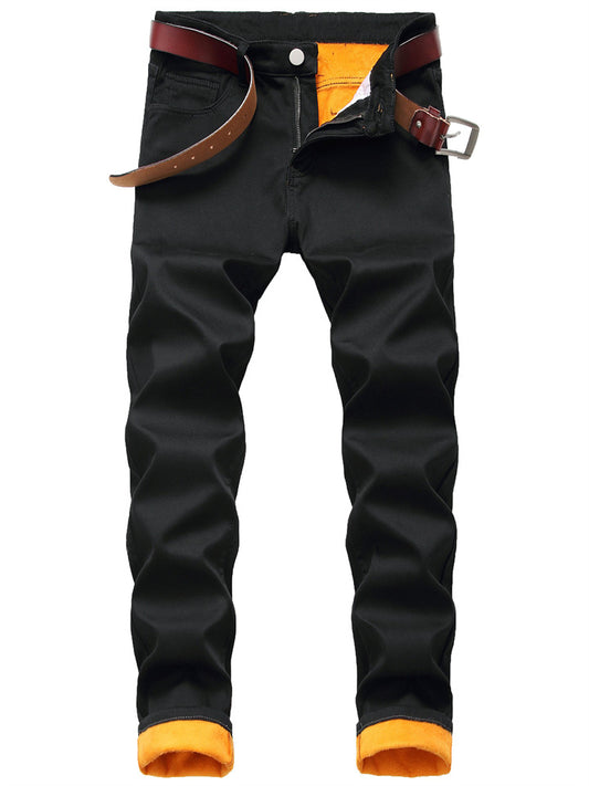Plus Size Men's Winter Fleece-Lined Thermal Jeans Straight Leg Slim Fit Thickened Men's Denim Pants