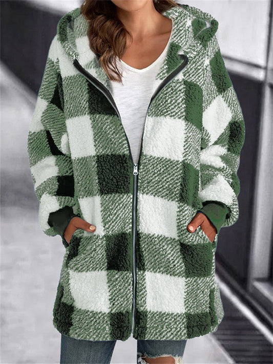 Women's Fleece Jacket Basic Pocket Zip Up Green Black Blue Plaid Street Hoodie Long Sleeve Fleece S M L XL 2XL 3XL