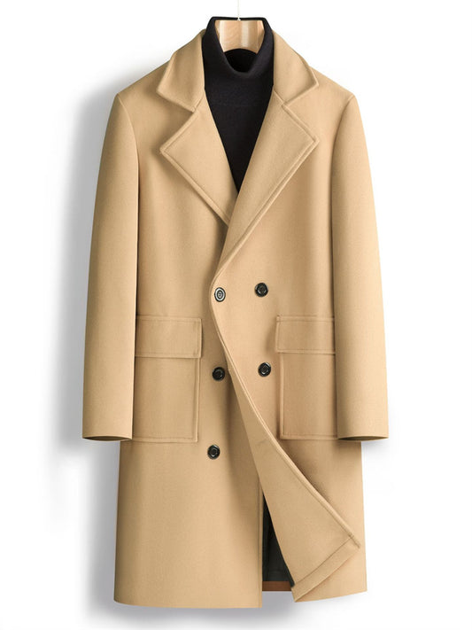 Men's Double-breasted Large Lapel Pockets Youth Solid Color Casual Medium-length Tweed Coat Man