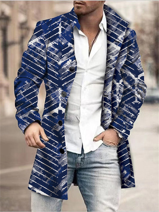New Fall/Winter Men's Woolen Stand Collar Mid-Length Casual Tweed Printed Coat
