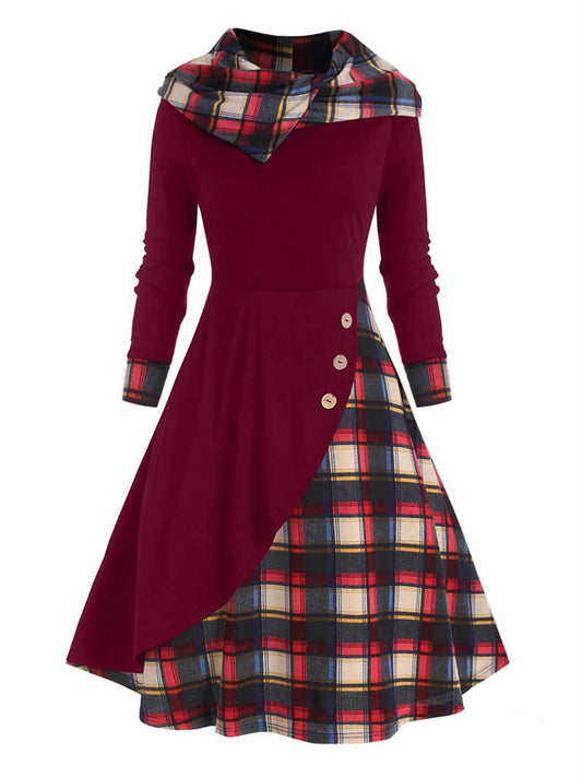 New Plaid Button Decoration Plaid Splicing High Neck Hooded Temperament Commuter Midi Dresses