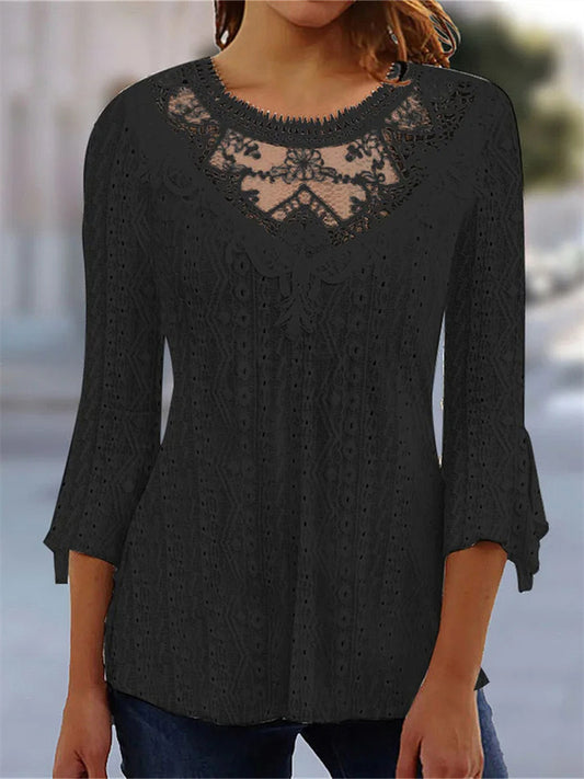 Women's Solid Color Comfortable Casual Skeleton See-through Lace Splicing Seven-quarter Sleeve Round Neck Blouse
