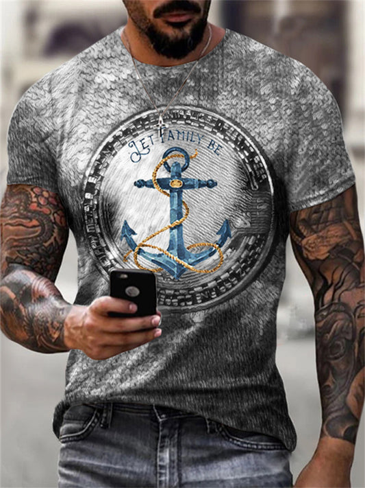 Men's Summer 3D-Printed Vintage Nautical Anchor Pattern Fashion Short-Sleeve T-Shirt