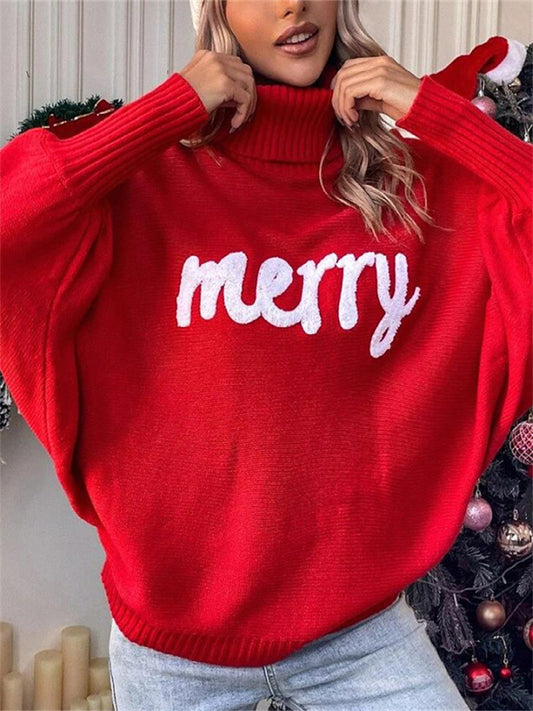 Christmas High-Neck Sweater Women's Fall/Winter Loose Batwing Sleeve Knit Sweater