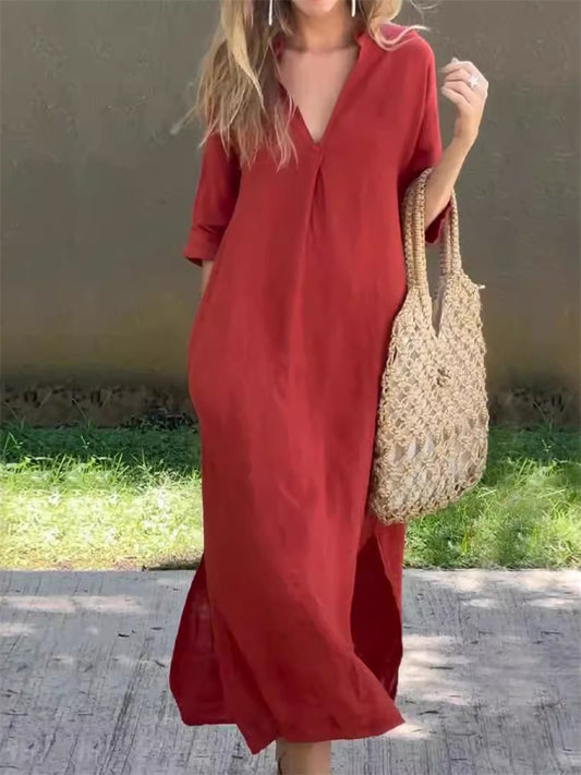 Women's Summer Explosion Both Sides Slit V-neck Solid Color Dress Seven-quarter Sleeve Pressed Pleated Cotton Linen Dresses