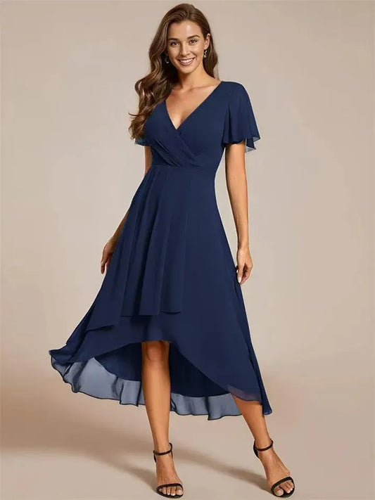 New Summer Solid-Color V-Neck Ruffled-Sleeve Chiffon Asymmetrical Dress