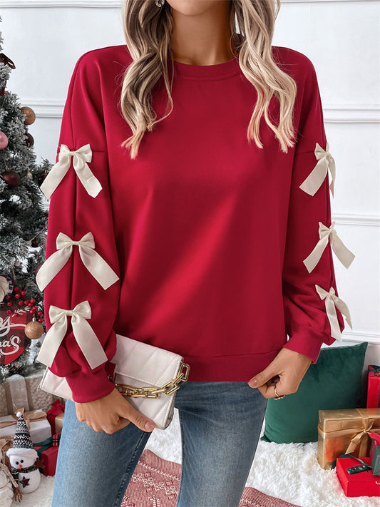 Women's Red Christmas Sweatshirt with Crew Neck and Bow for Fall/Winter