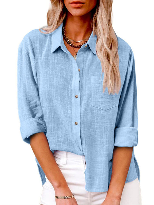 Women's Casual Loose Autumn Split Long-sleeved Women's Cotton and Linen Solid Color Long-sleeved Shirt