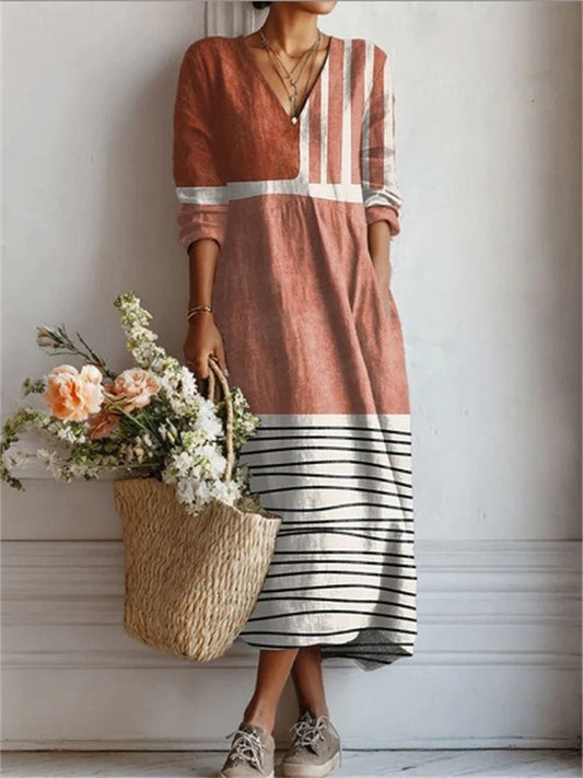 Women's New Summer 3D-Printed Slub Linen V-Neck Fashion Patchwork Dress 3