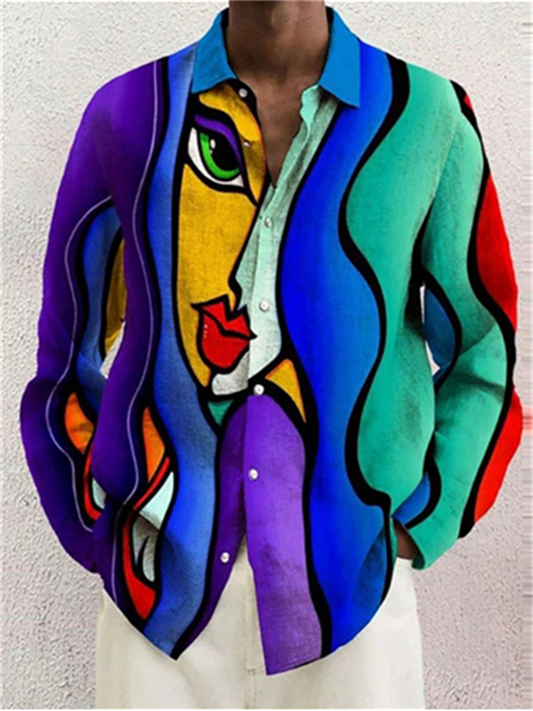 Men's Shirt Graphic Shirt Abstract Turndown Yellow Blue Purple Rainbow 3D Print Outdoor Street Long Sleeve Button-Down Print Clothing Apparel Fashion Designer Casual Breathable