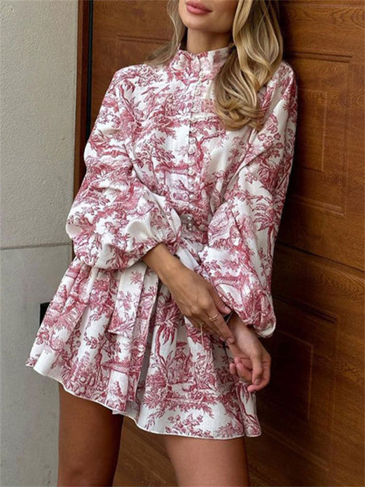 New Arrival Women's Long Sleeve Tie-Waist Chinese-Inspired Printed Dress