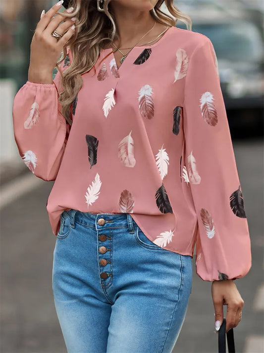 Women's V-neck Feather Print Long-sleeved Loose T-shirt Women's Tops S-5XL