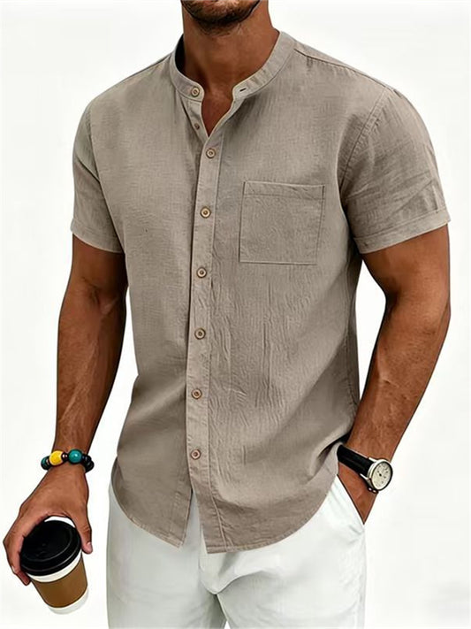 Men's Summer Shirt with Stand-up Collar and Short Sleeves Solid-Color Casual Shirt