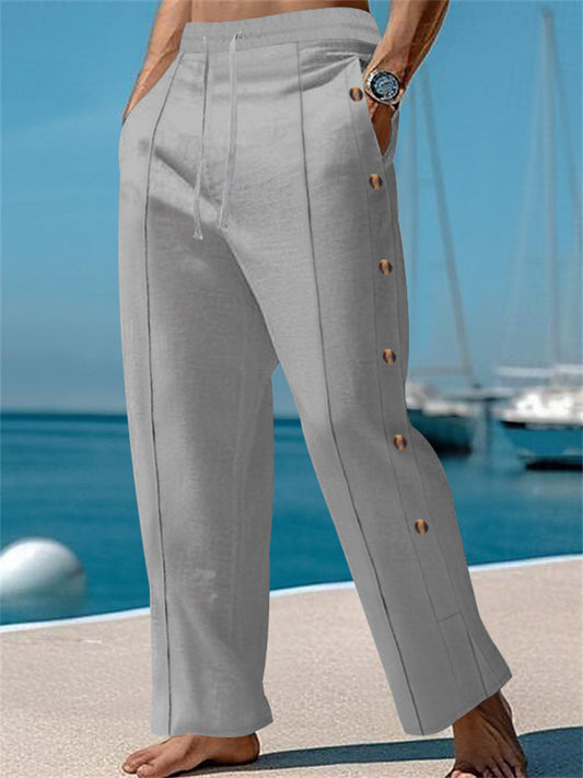 Men's Cotton and Linen Spring and Autumn Draw Solid Color Loose Straight Casual Pants