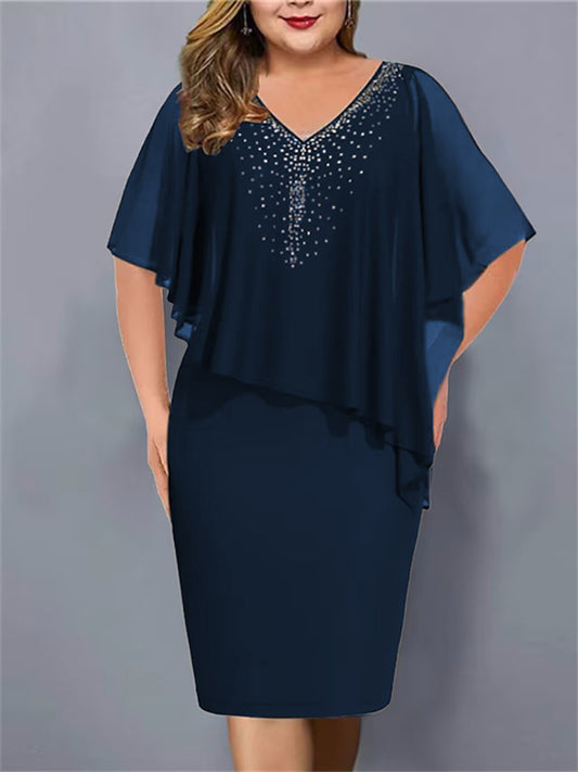 New Summer Women's Chiffon Ruched Rhinestone Dress with V-neck