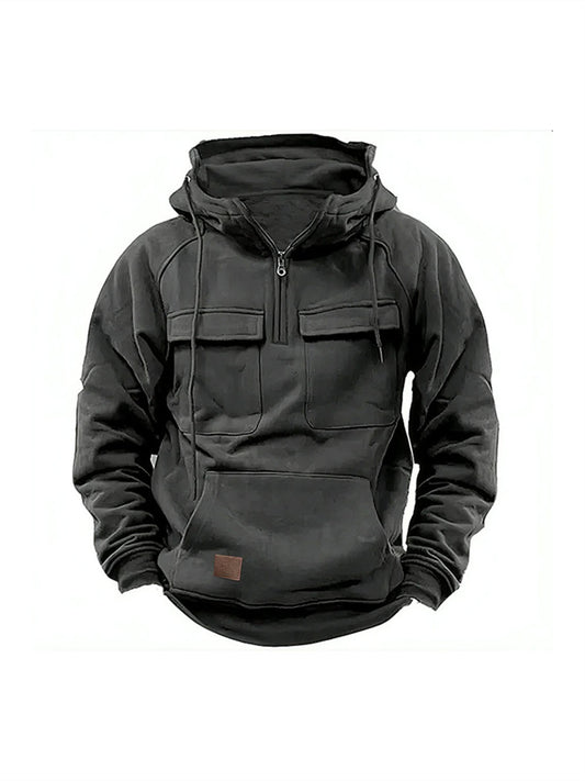 Thickened Men's Round Neck Pullover Shoulder Sleeve Hooded Solid Color Sweater Youth Sports Multi-pocket Patch Leather Sweater Jacket