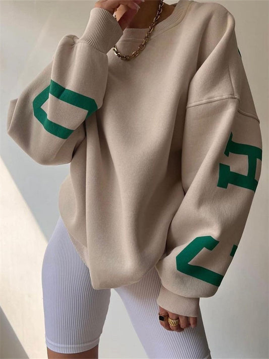 Women's Round Neck Loose Pullover Casual Fashion Printing Thickened Versatile Tops Long-sleeved Sweater