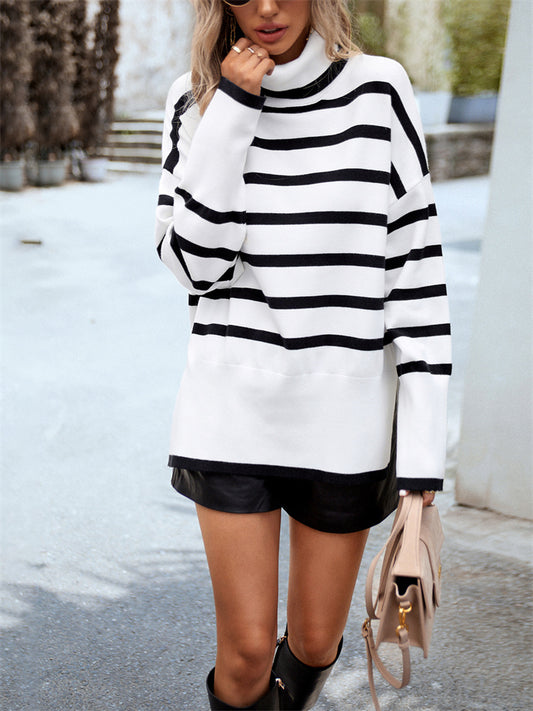 Striped High Neck Elegant Wind Sweater Women's Fall and Winter Loose Type Knitting Temperament Commuter Tops