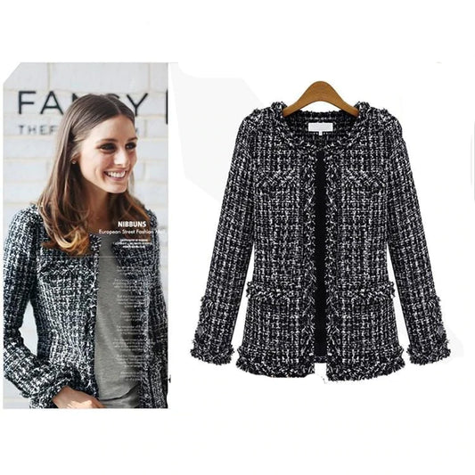 Autumn And Winter Black and White Plaid Tweed Coat Women