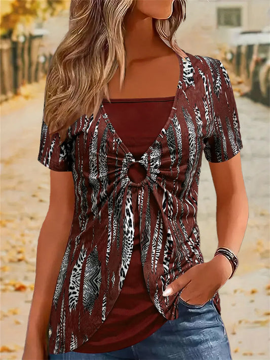 Spring and Summer New Fake Two Pieces of The Ethnic Style of The Big Size of Women's Short Sleeve