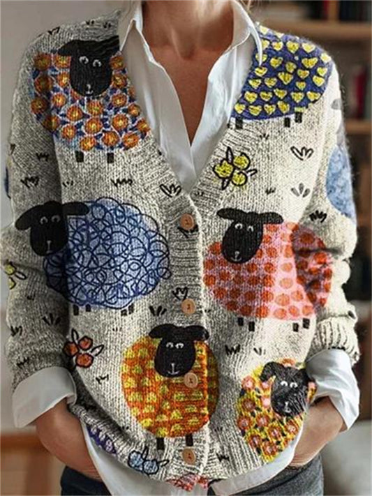 New Arrival Women's Fashion Floral 3D Print Autumn/Winter V-Neck Sweater Jacket