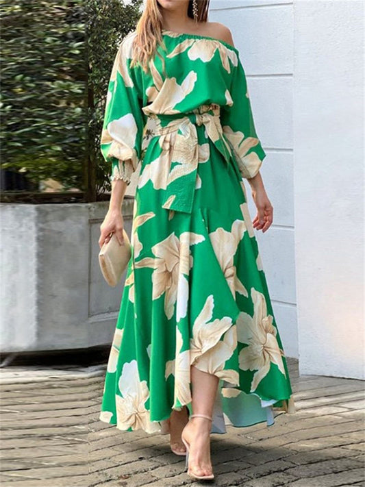 Elegant Printed Lantern Sleeve Long Dress