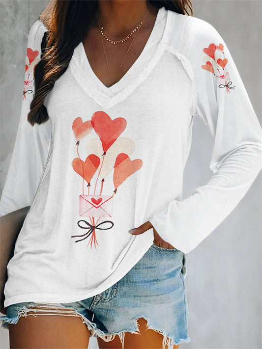 Valentine's Day Spring New Digital Printing V-neck Long-sleeved Loose Women's T-shirt