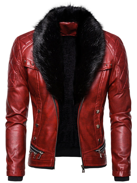 Autumn and Winter New Fashion Solid Color Button Collar Men's Leather Jacket