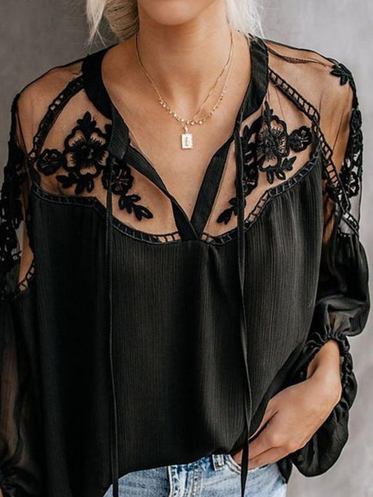 Women's Blouse Shirt Solid Colored Plain Long Sleeve Mesh Lace V Neck Tops Loose Basic Top White Black-0203815