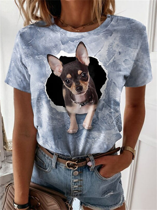 Summer Women's New Round Neck Animal Puppy Pattern 3D Printing Short-sleeved T-shirt