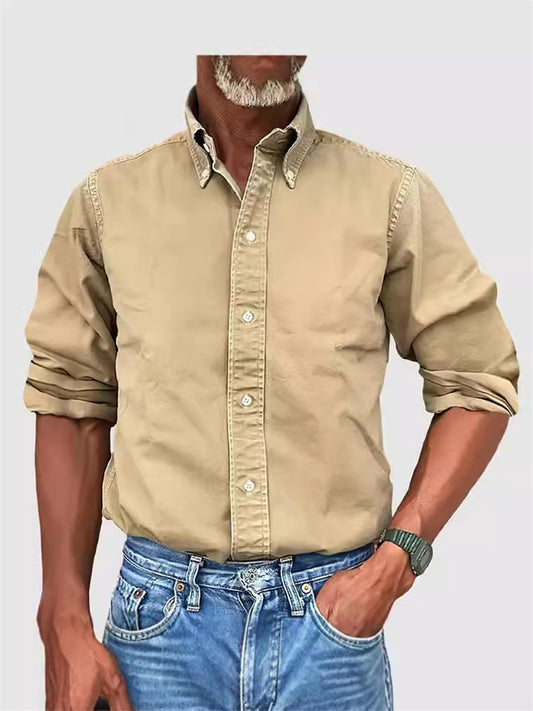 Four Seasons New Men's Daily Shirt Lapel Solid Color Shirt