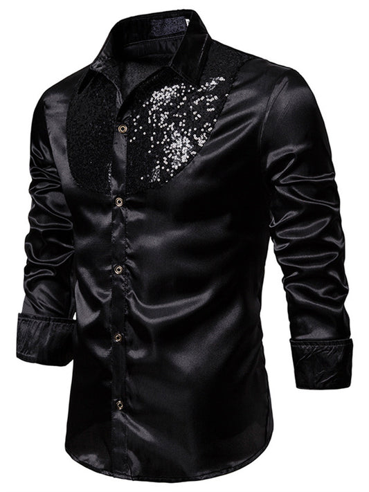 Men's Prom Shirt Disco Shirt Satin Silk Shirt Black White Red Long Sleeve Plain Collar Performance Wedding Clothing Apparel Sequins