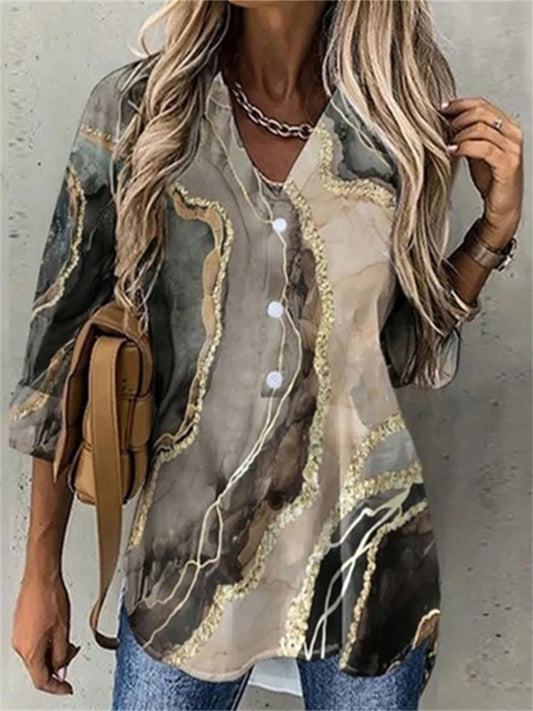 Women's Blouse Shirt Khaki Flower Button Print Long Sleeve Daily Weekend Streetwear Casual V Neck Regular S / 3D Print