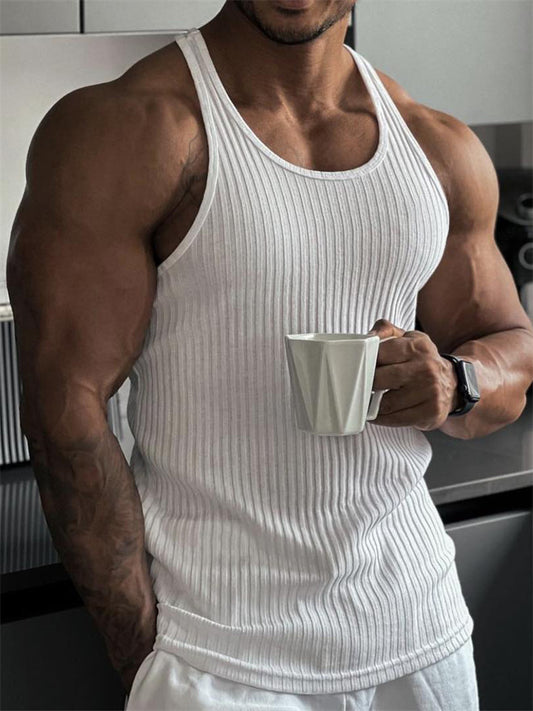 Summer Explosion of Solid Color Knitted Vertical Stripes Fitness Sports Slim Undershirt Men Work Word Undershirt
