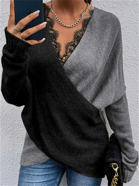 Knit Temperament Commuter Colorblocking V-Neck Loose Type Pullover Women's Urban Style Knit Top