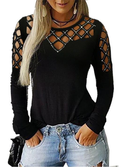 Women's Fall/Winter Lace-Up Rhinestone Long Sleeve T-Shirt Top