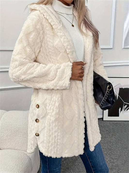 Women's Fall and Winter Hooded Solid Color Cardigan Buttons Long-sleeved Casual Jacket