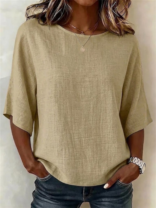 Women's Casual Top Printed Round-Neck 3/4-Sleeve Solid-Color Shirt