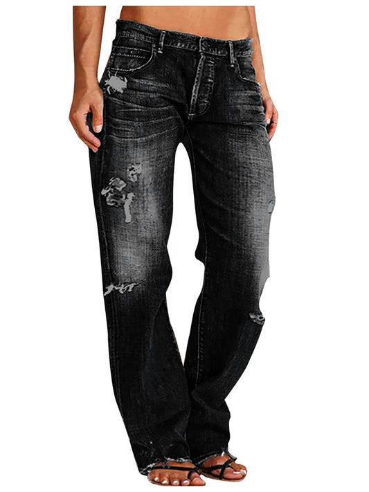 Women's Denim Pants - Trendy Distressed Mid-Rise Ripped Casual Straight-Leg Full-Length Pants
