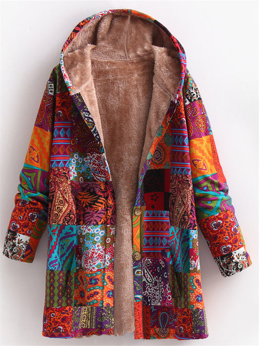 New Arrival Winter Women's Cotton-Linen Blend Printed Hooded Sweatshirt Warm Fleece Jacket