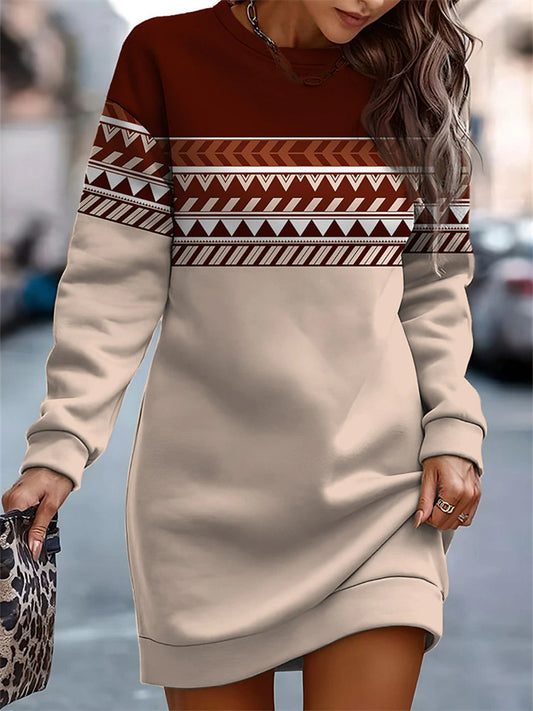 Autumn and Winter New Women's Hot Printing Color Collision Round Neck Sweater Dresses