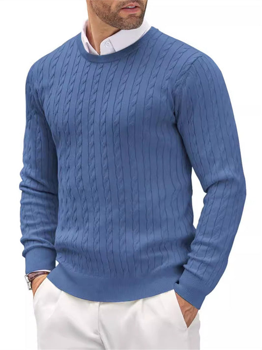 New Fall/Winter Men's Crew Neck Knit Sweater - Long Sleeve Cable-Knit Solid Color Base Layer