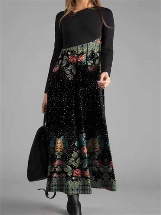 Women's New Arrival Printed Long-Sleeve Elegant Fitted Long Dress Printed A-Line Skirt