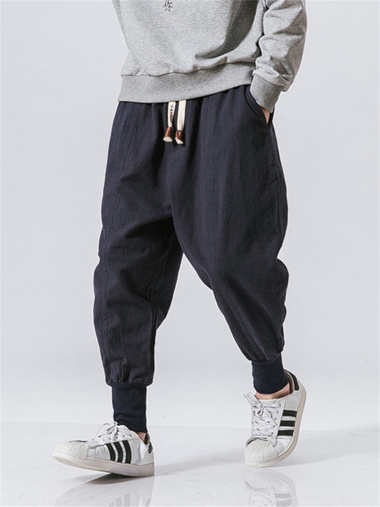 Men's Lightweight Long Pants Elastic Waist Cotton-Linen Blend Casual and Stylish Slim-Fit Harem Pants