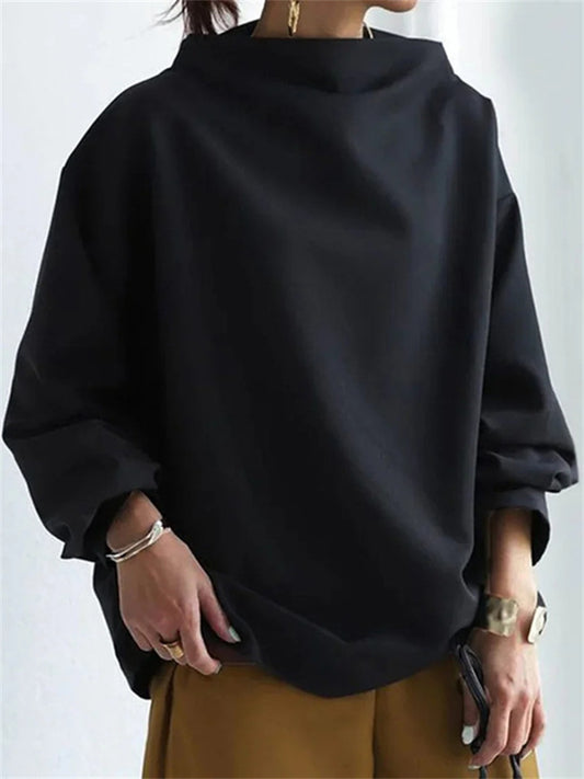 New Arrival Casual Fleece Sweater for Women - High Neck Loose Fit Solid Color Sweatshirt