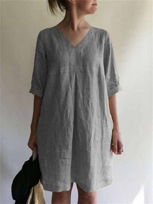 Summer V-neck Solid Color Cotton Linen Loose Dresses Women