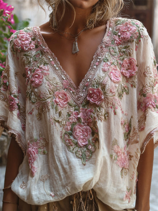 Women's New European & American Style 3D Printed Elegant Autumn Short-Sleeve Top with Jacquard-Like Print