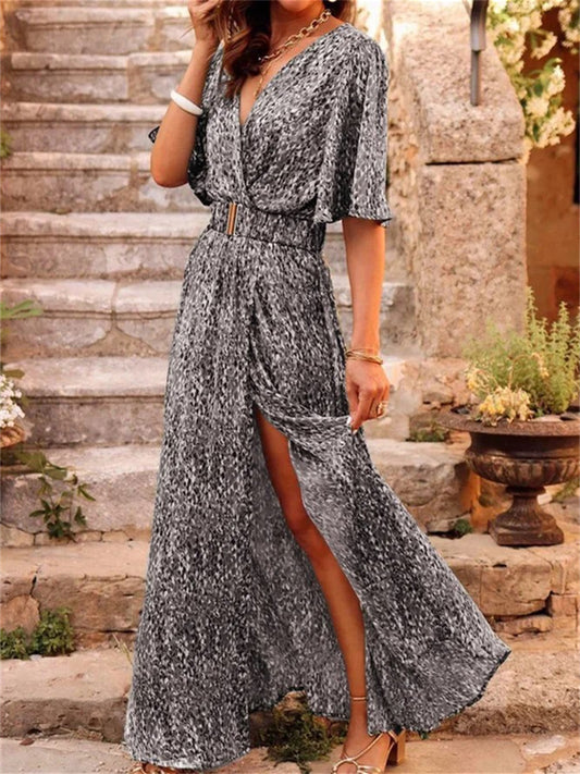 New Summer Printed Short Sleeve Dress Slim-fit Long Dress