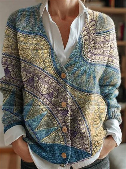 New Autumn/Winter Women's Fashion Floral 3D Print V-Neck Sweater Jacket